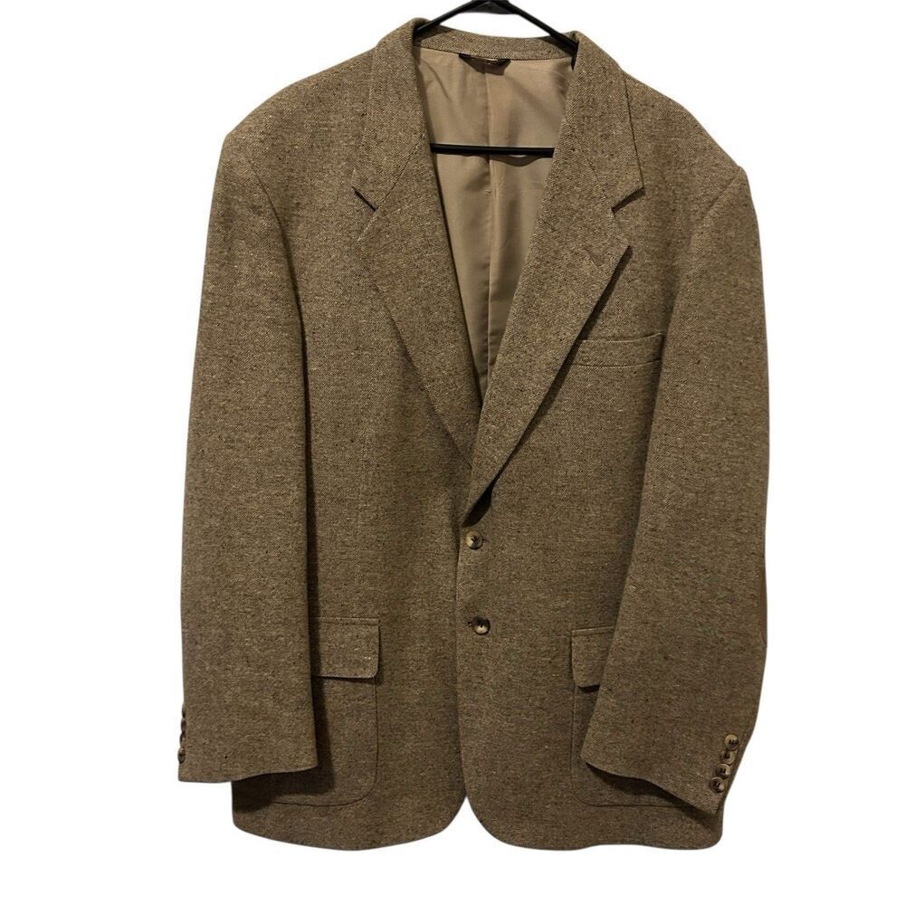 Farah Vtg Sport Coat Blazer Men Sz 46L Two Button Brown Wool Tweed Elbow Patches